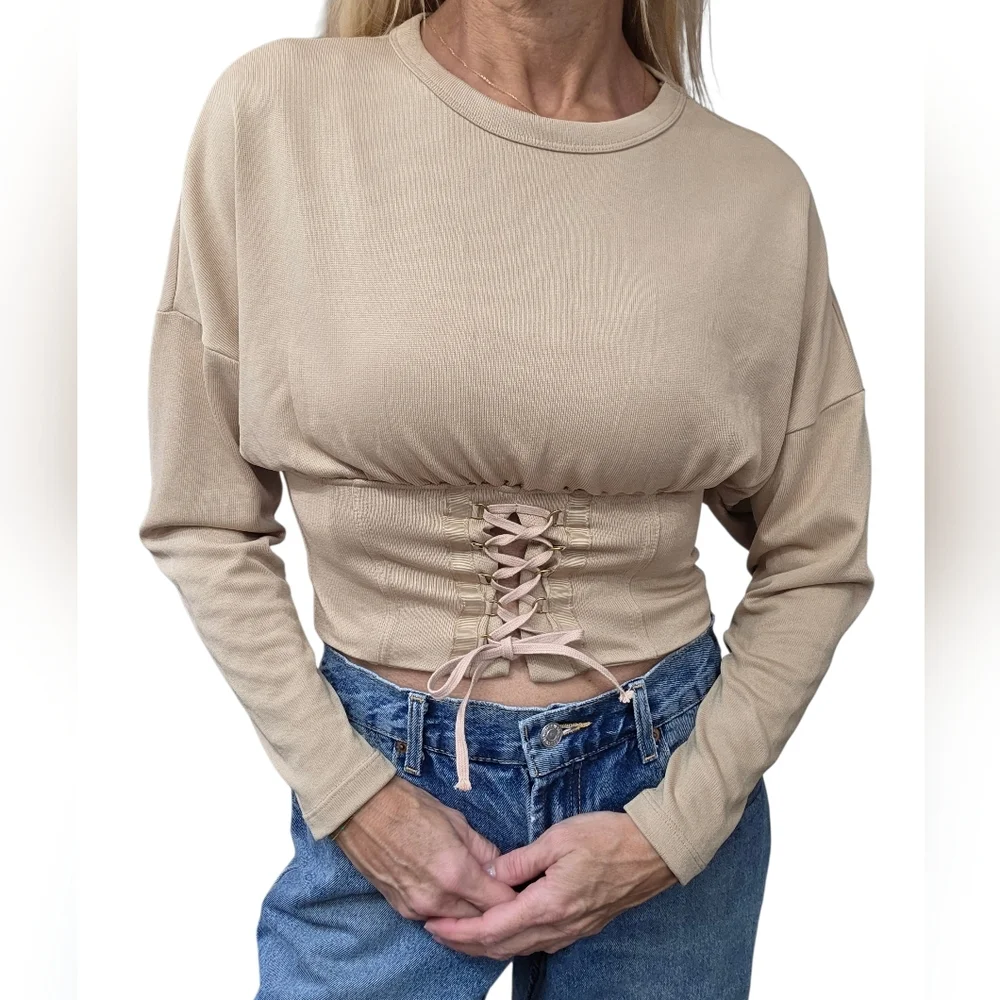 Zara W&B Lace Up Corset Top Long Sleeve Beige S